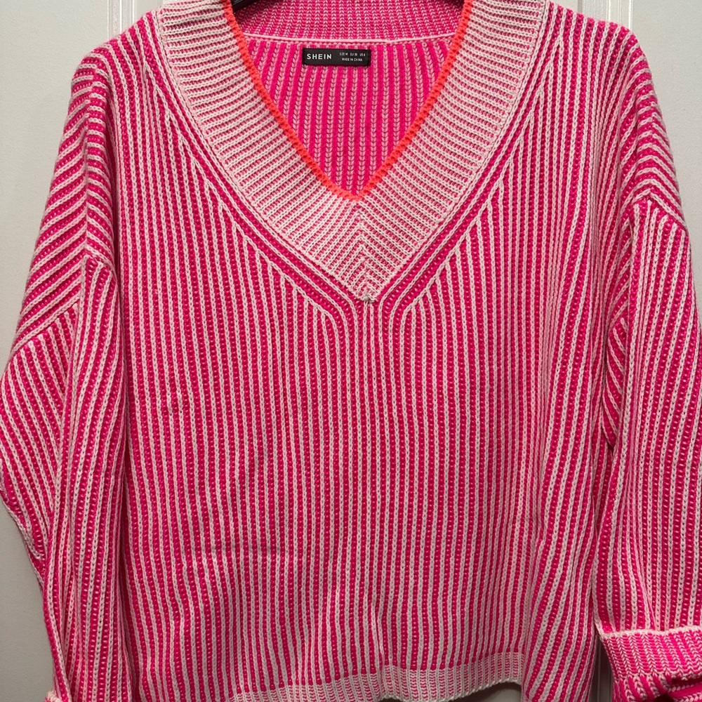 SHEIN V-Neck Pink and White Striped Sweater